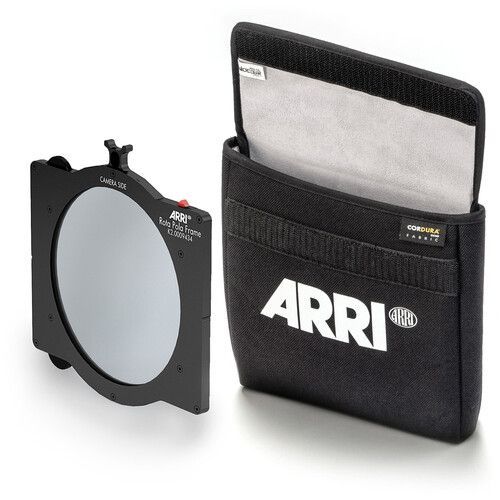 Black ARRI camera filter and carrying case. Filter is round and in a black frame. Case is black with white logo.