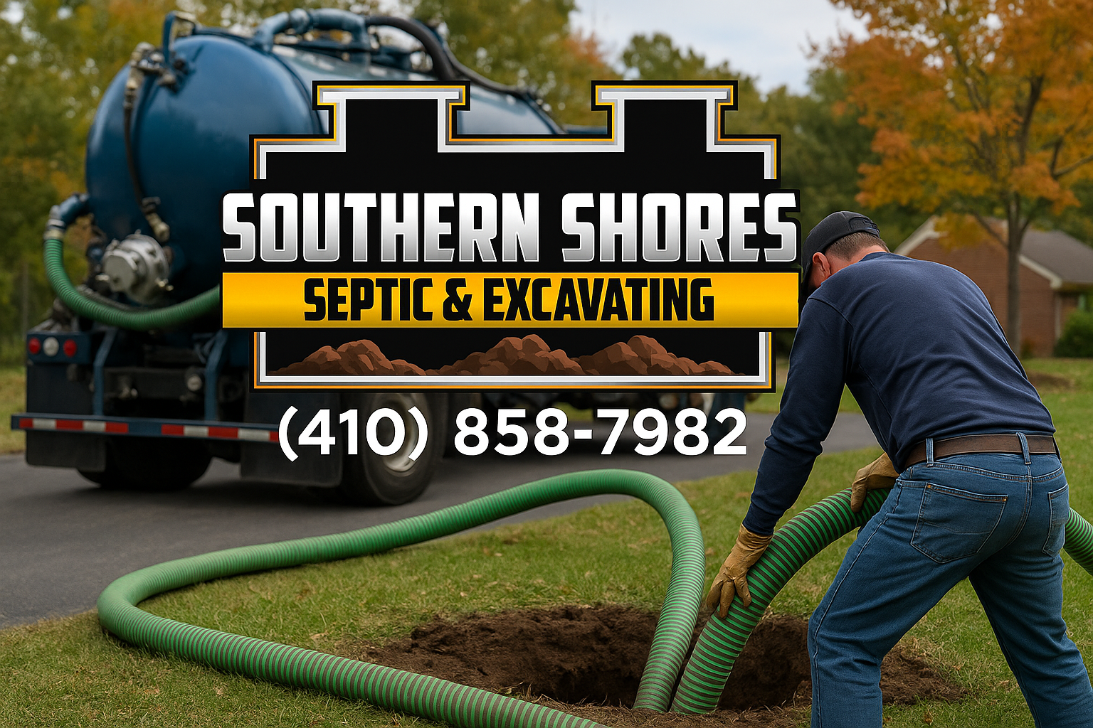 A man is pumping a septic tank with a hose.