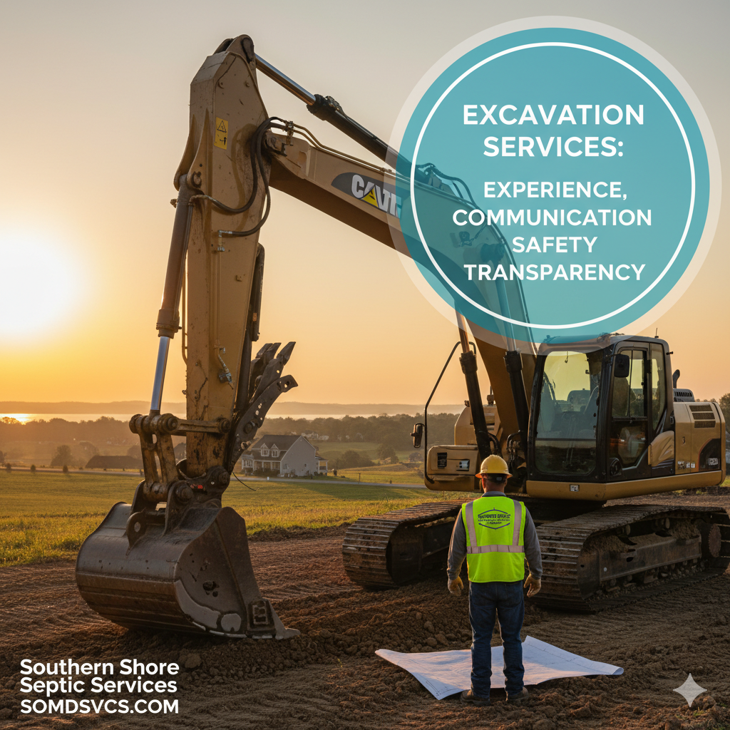 An excavator at sunset. A worker in a safety vest stands with a blueprint. Advertisement for excavation services.