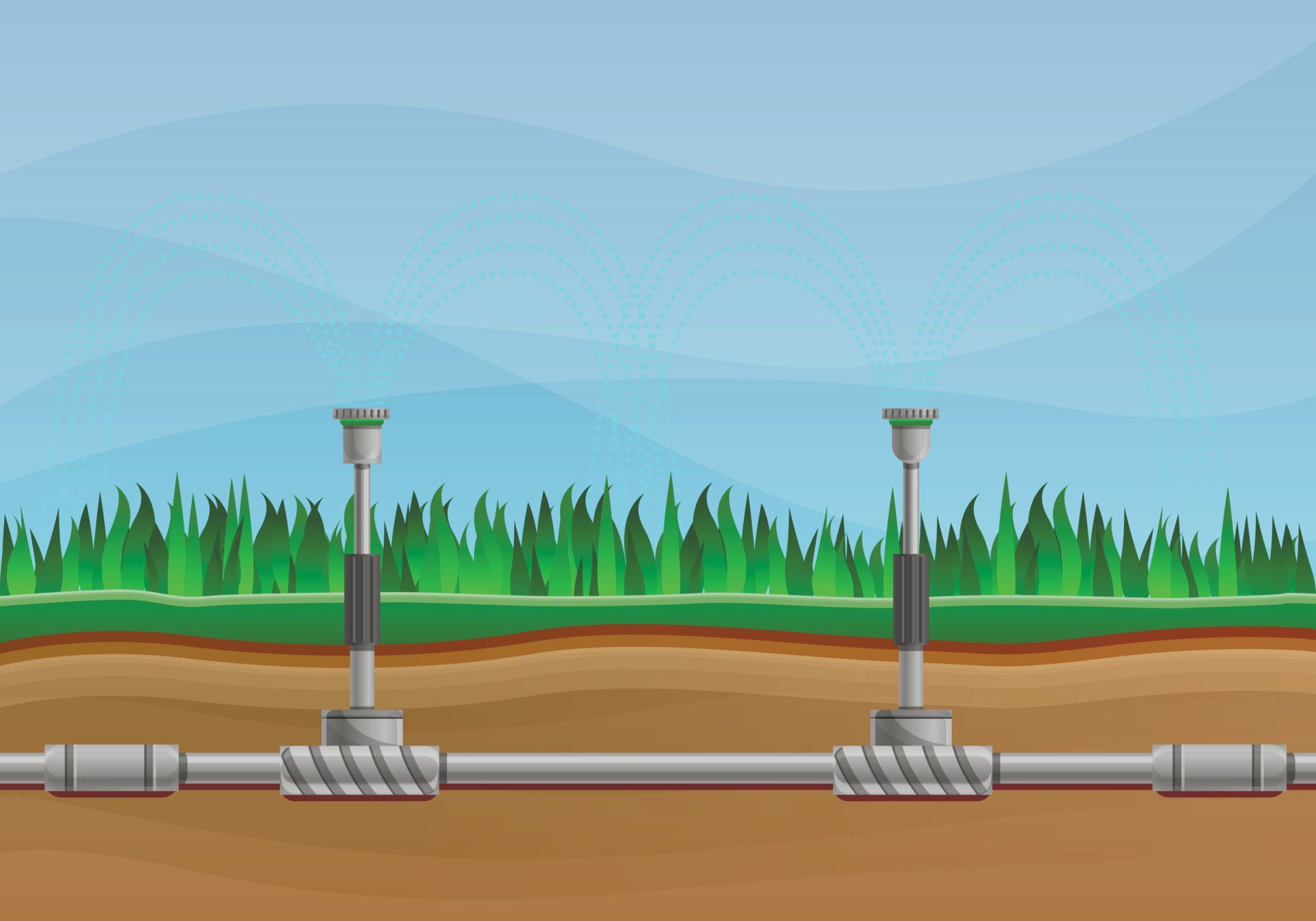 A cartoon illustration of a sprinkler system in a field.
