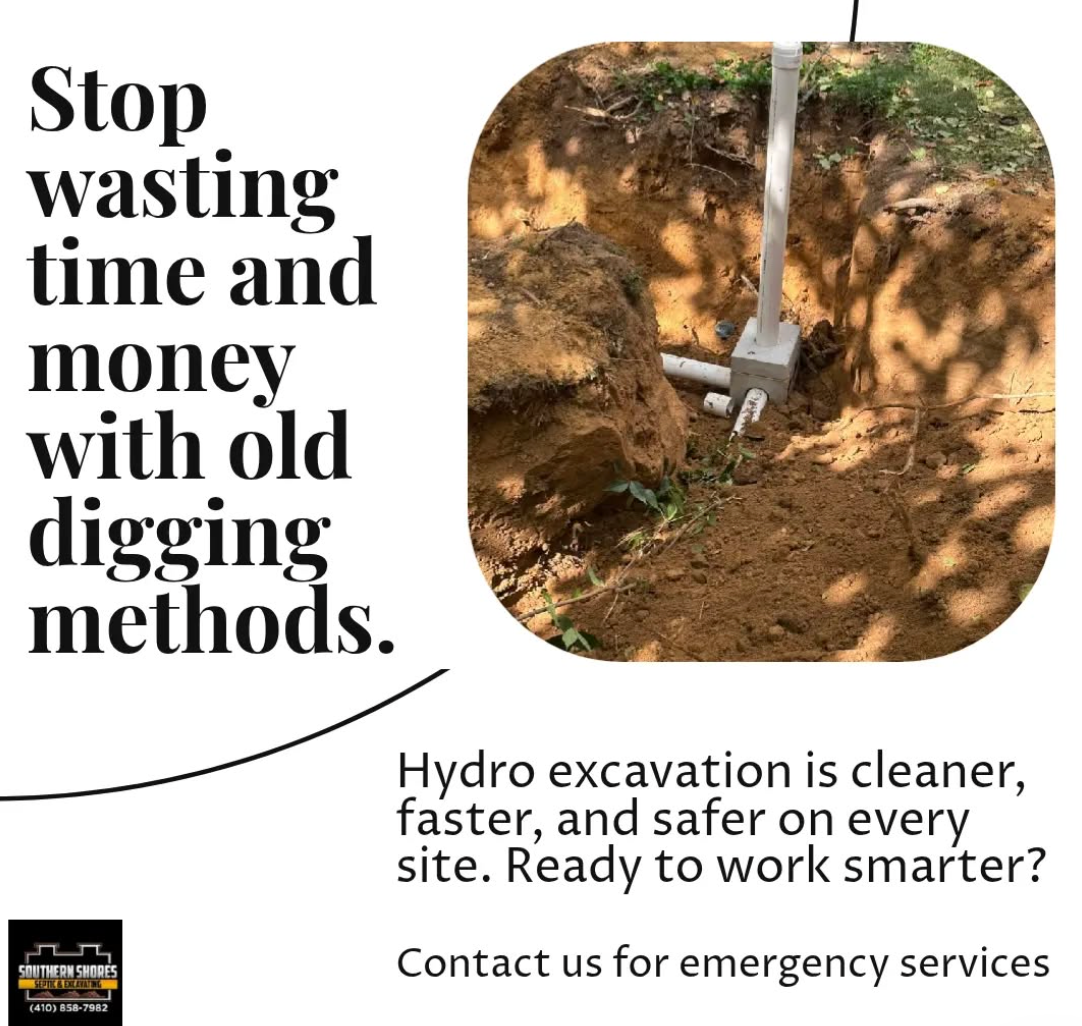 Hydro excavation ad: text says stop wasting time and money, with a worker using a digging tool in soil.