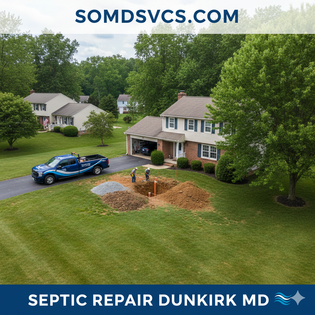 Septic repair in Dunkirk, MD. Workers near an excavated septic system on a residential property. 
