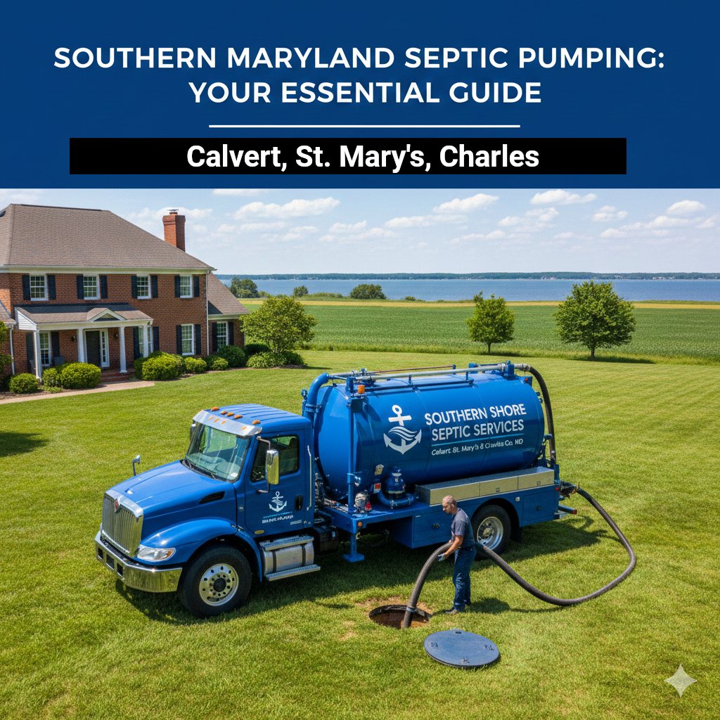 Blue septic pumping truck servicing a septic tank in Southern Maryland with text overlay.