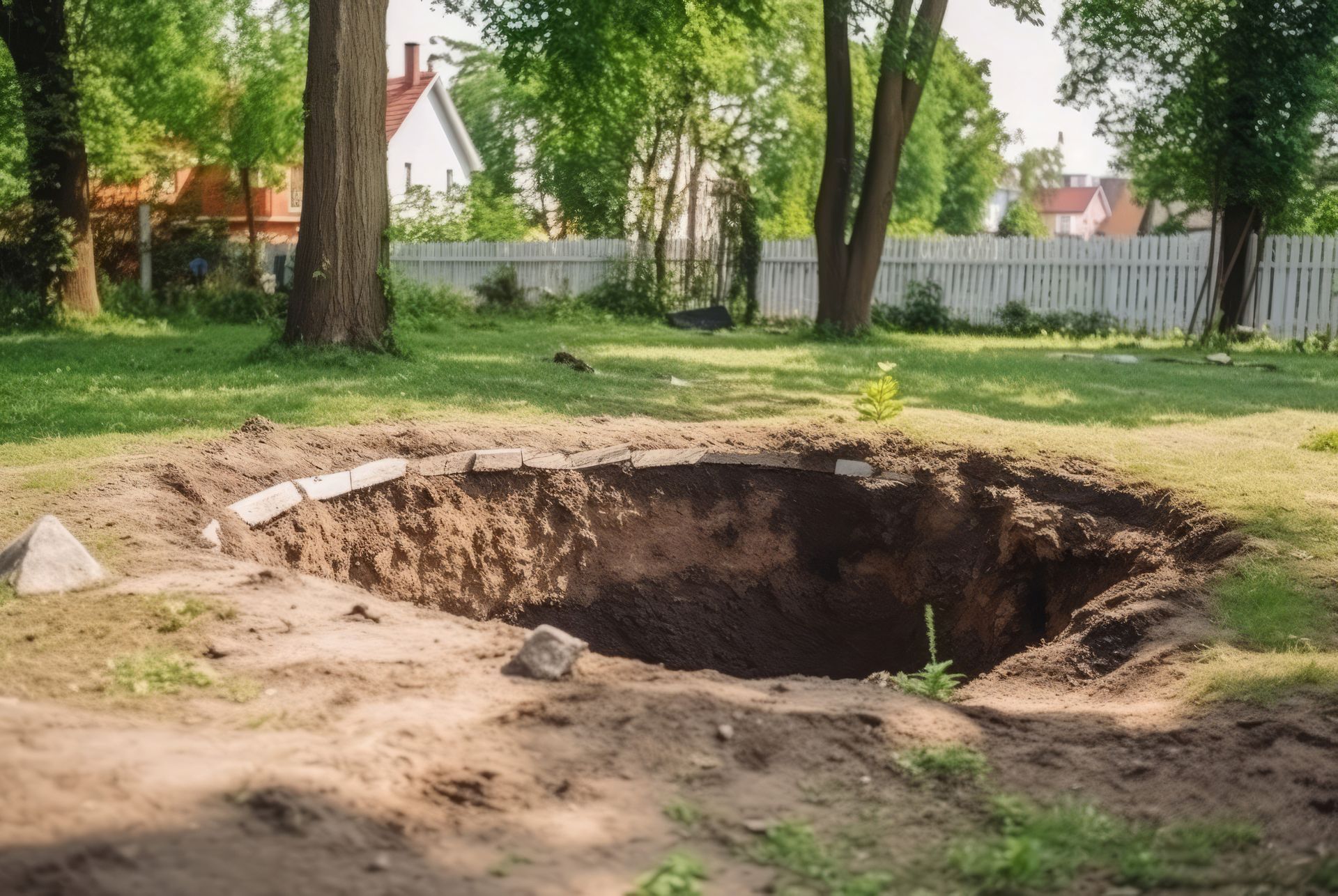 A large hole in the ground in a yard with trees in the background.