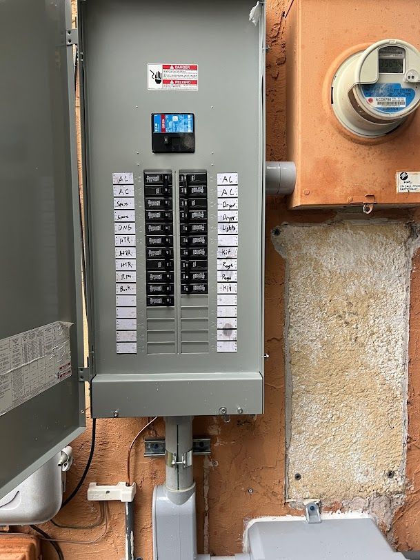 a electrical panel is sitting on a wall next to a meter