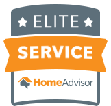 HomeAdvisor Elite Service badge with gray, orange, and white elements. Features stars, ribbon, and logo.