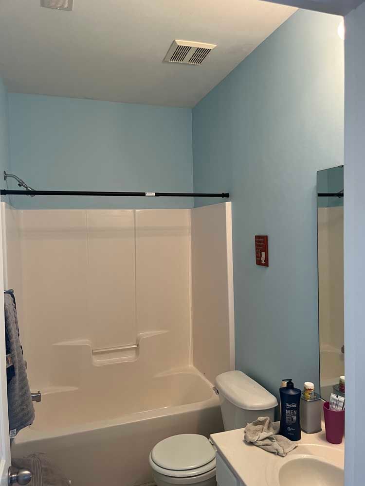 Bathroom with blue walls, white tub and toilet, and a towel on the door.