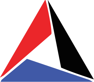 Triangle logo with red, black, and blue segments.
