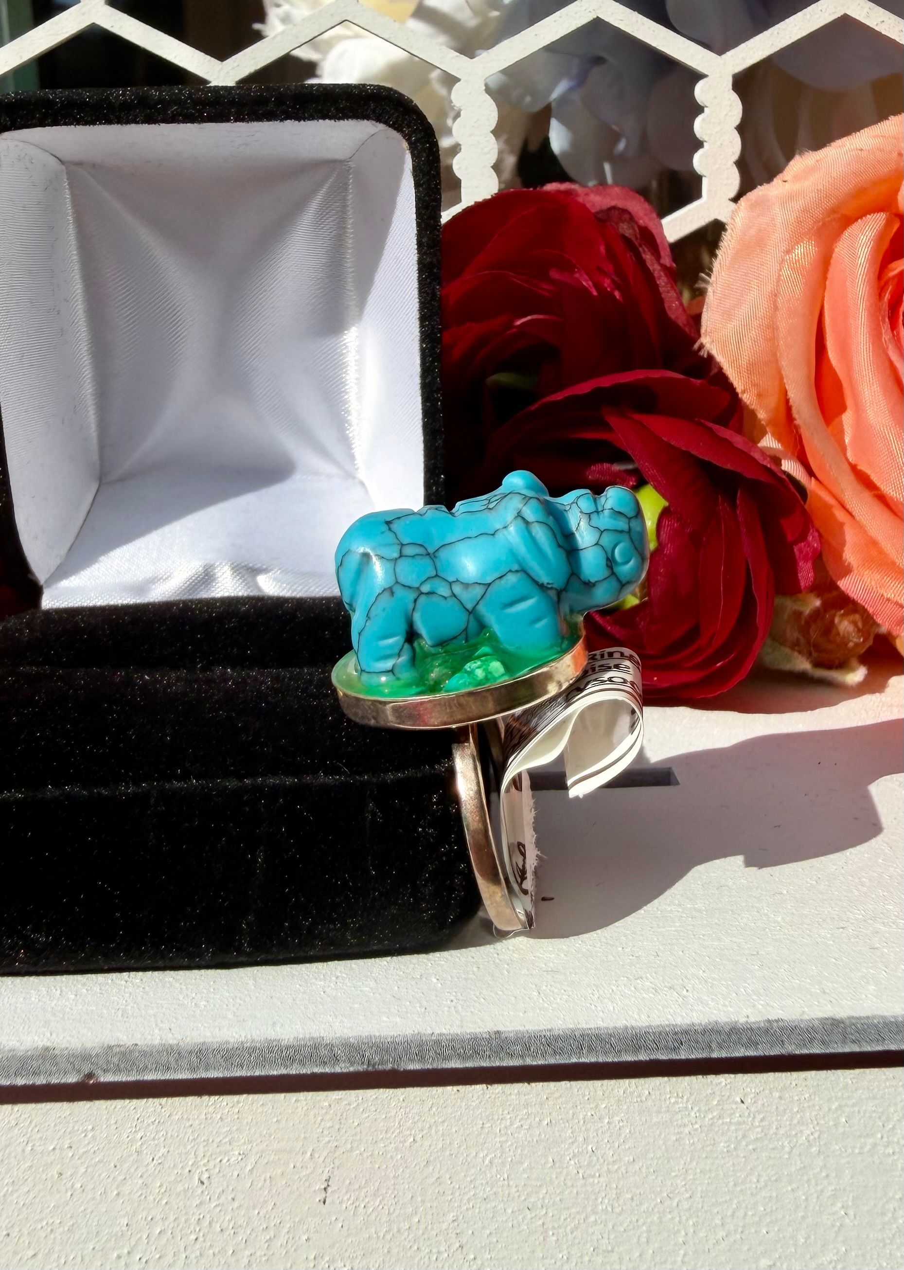 Size 8 Sterling Silver Ring With Hand Carved Turquoise Rhino