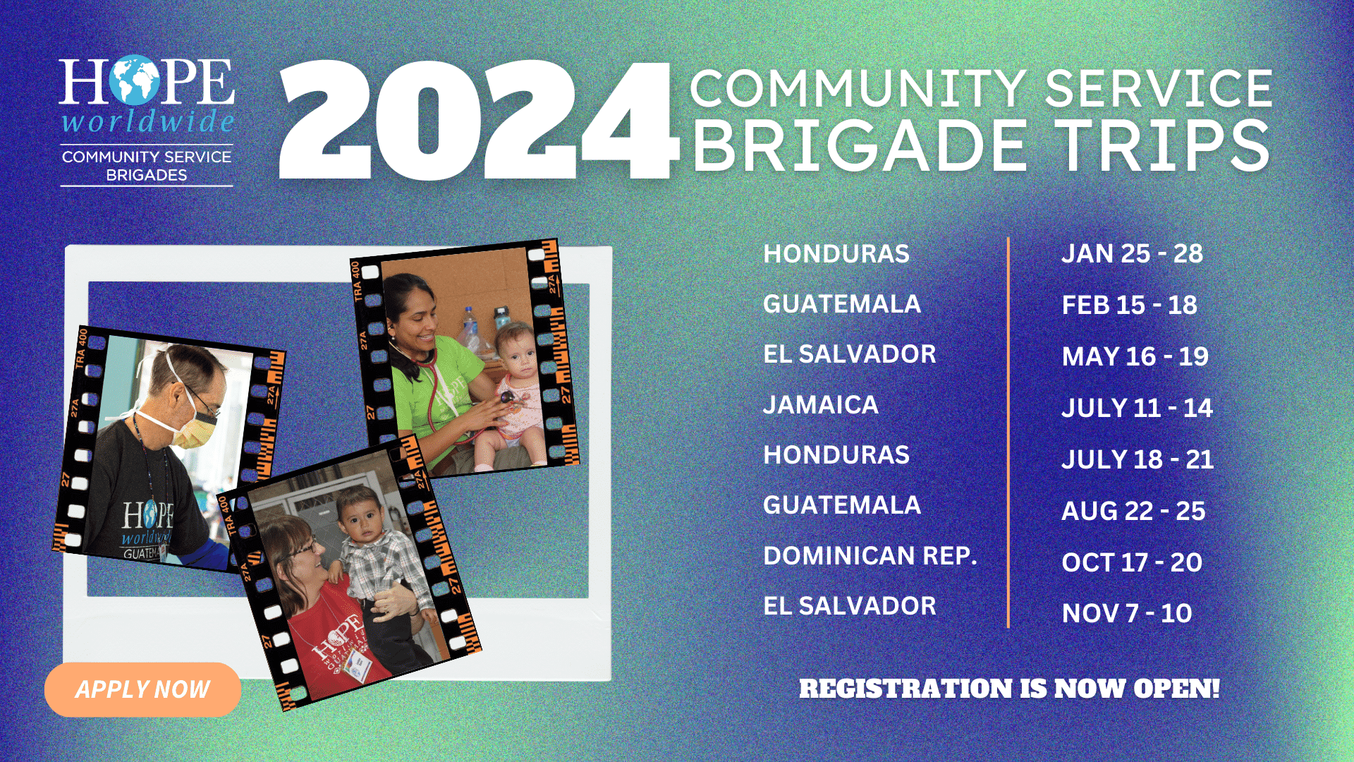 2024 Community Service Brigade Trips poster with photos, dates, and registration info on a blue background
