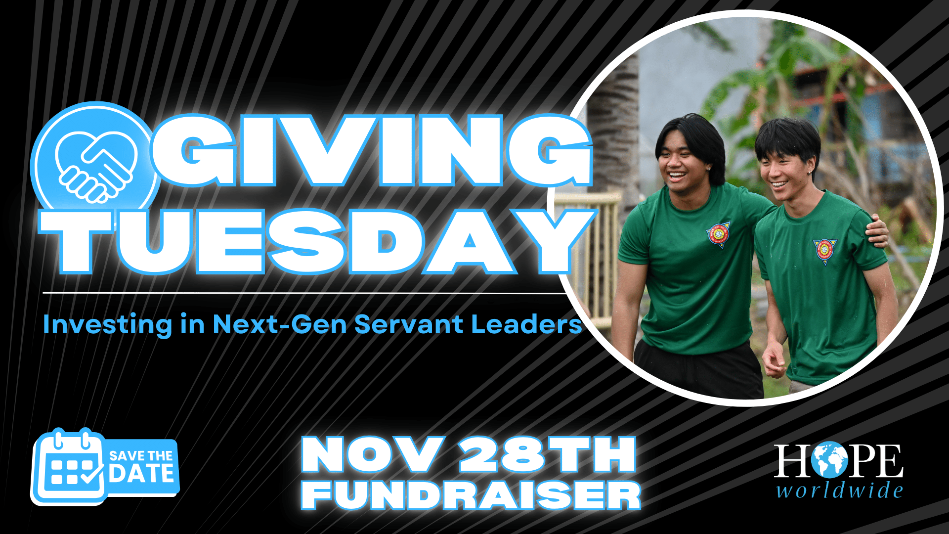 Giving Tuesday fundraiser banner for Next Gen Servant Leaders, with two smiling people in green shirts and Hope Worldwide logo