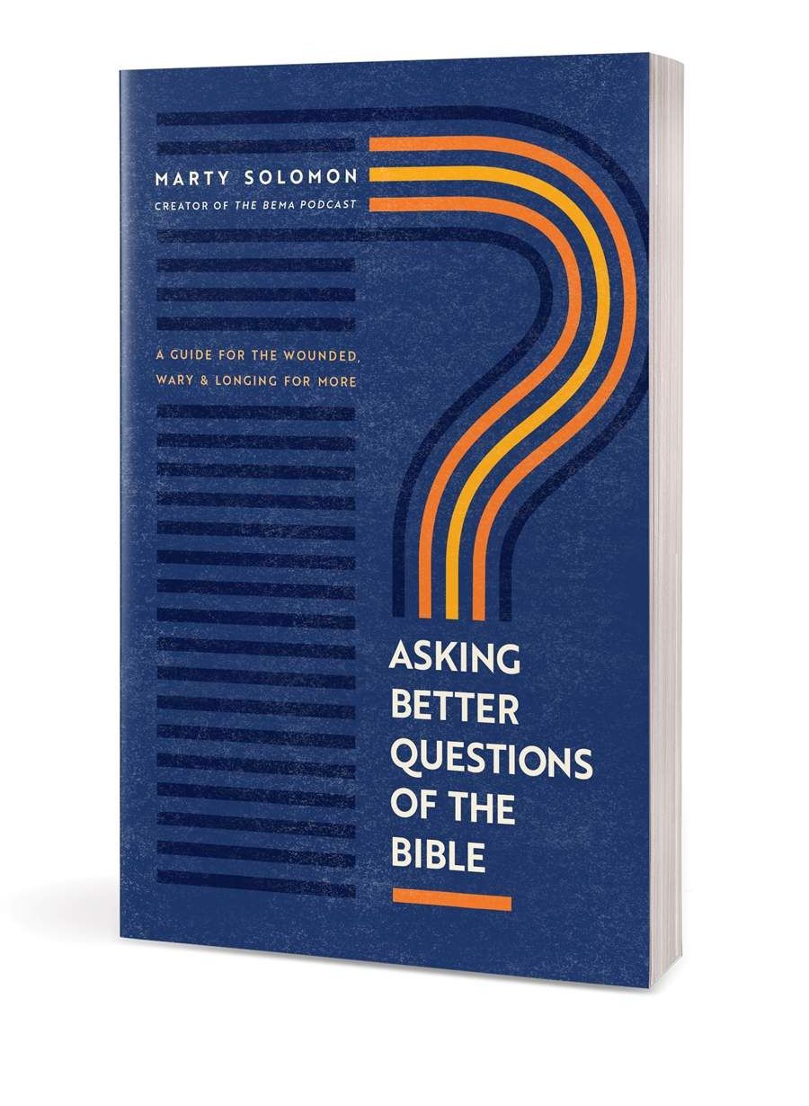 Blue book cover titled “Asking Better Questions of the Bible” with orange striped question mark design
