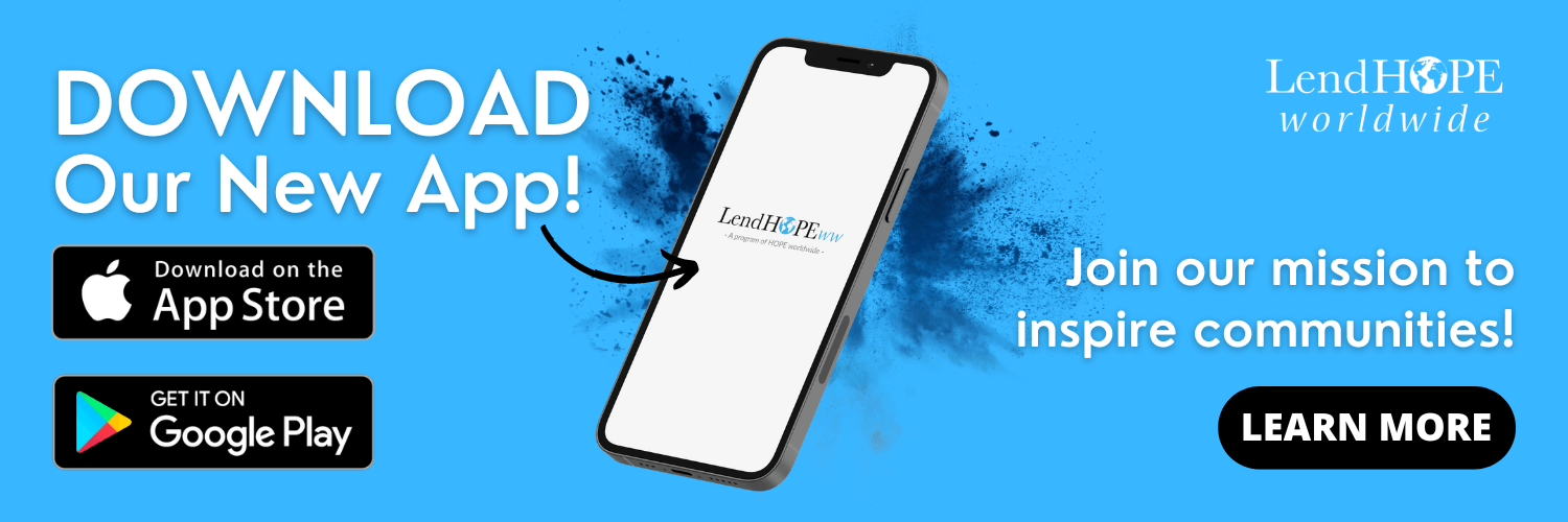 Blue app promo banner with phone mockup, App Store and Google Play buttons, and “Learn More” callout