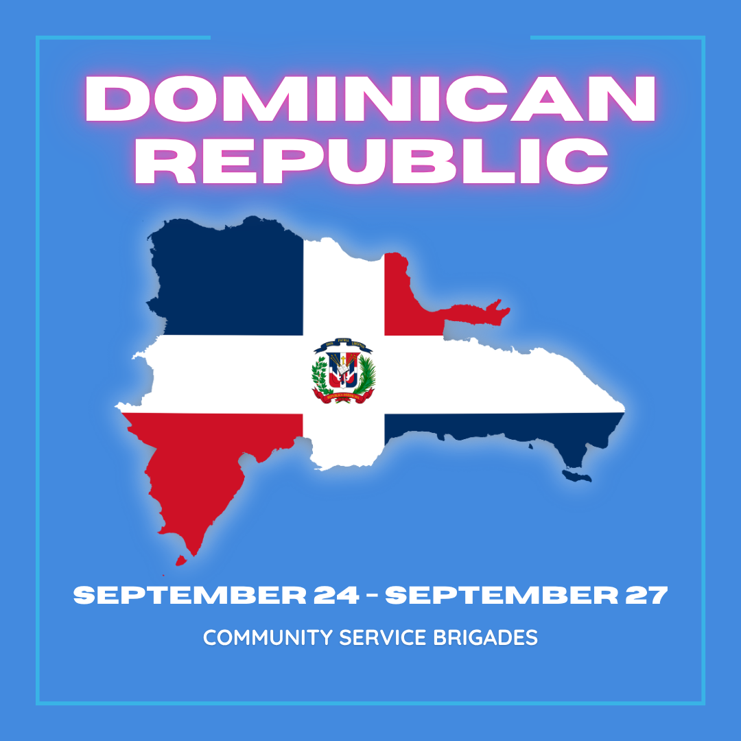 Dominican Republic event poster with map flag colors, Sept. 24–27, Community Service Brigades