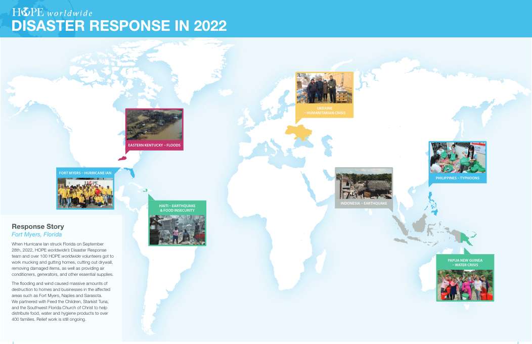 World map infographic titled “Disaster Response in 2022” with colored event photos and a text panel.