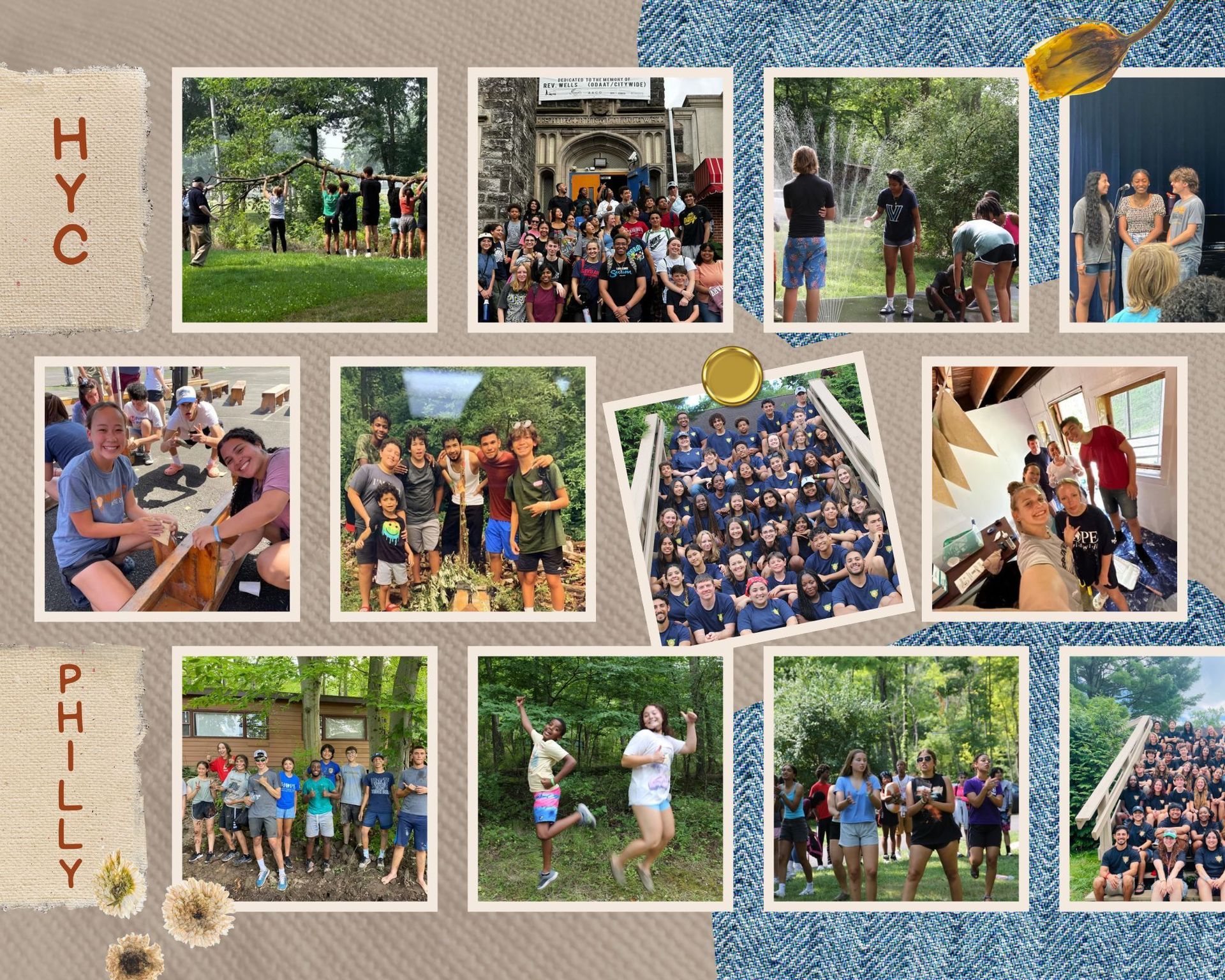 Collage of outdoor team and group photos labeled HYC and Philly on beige and blue backgrounds