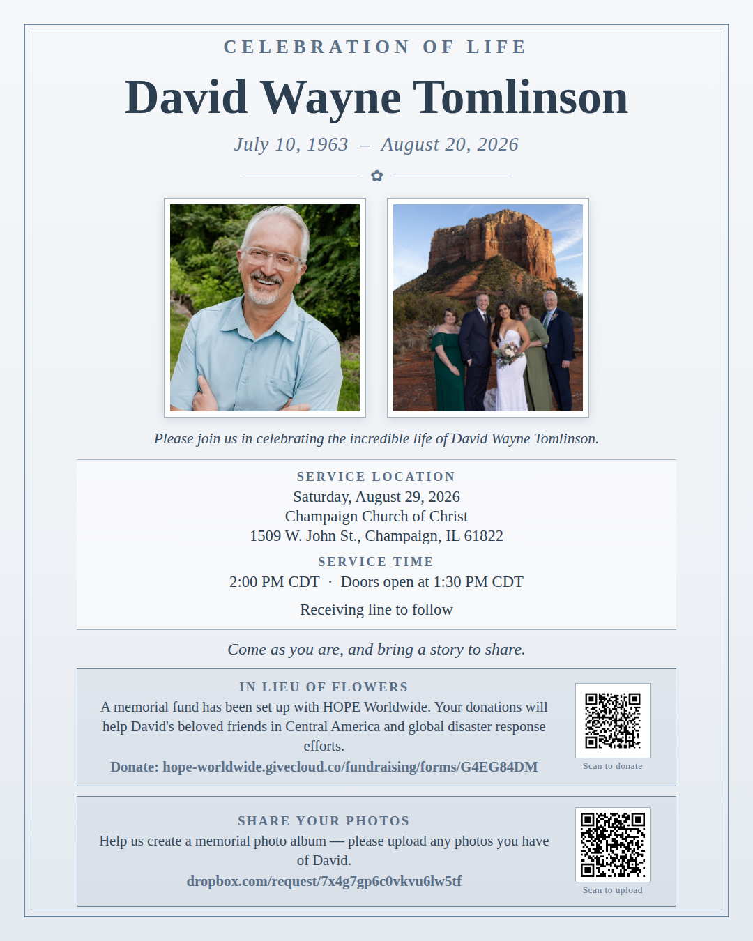 In loving memory of Dave Tomlinson, pictured smiling in a light blue shirt against a green outdoor background. A remembrance message honors his service to HOPE worldwide, his faith and lasting legacy, and offers prayers for his wife Angela and their family.