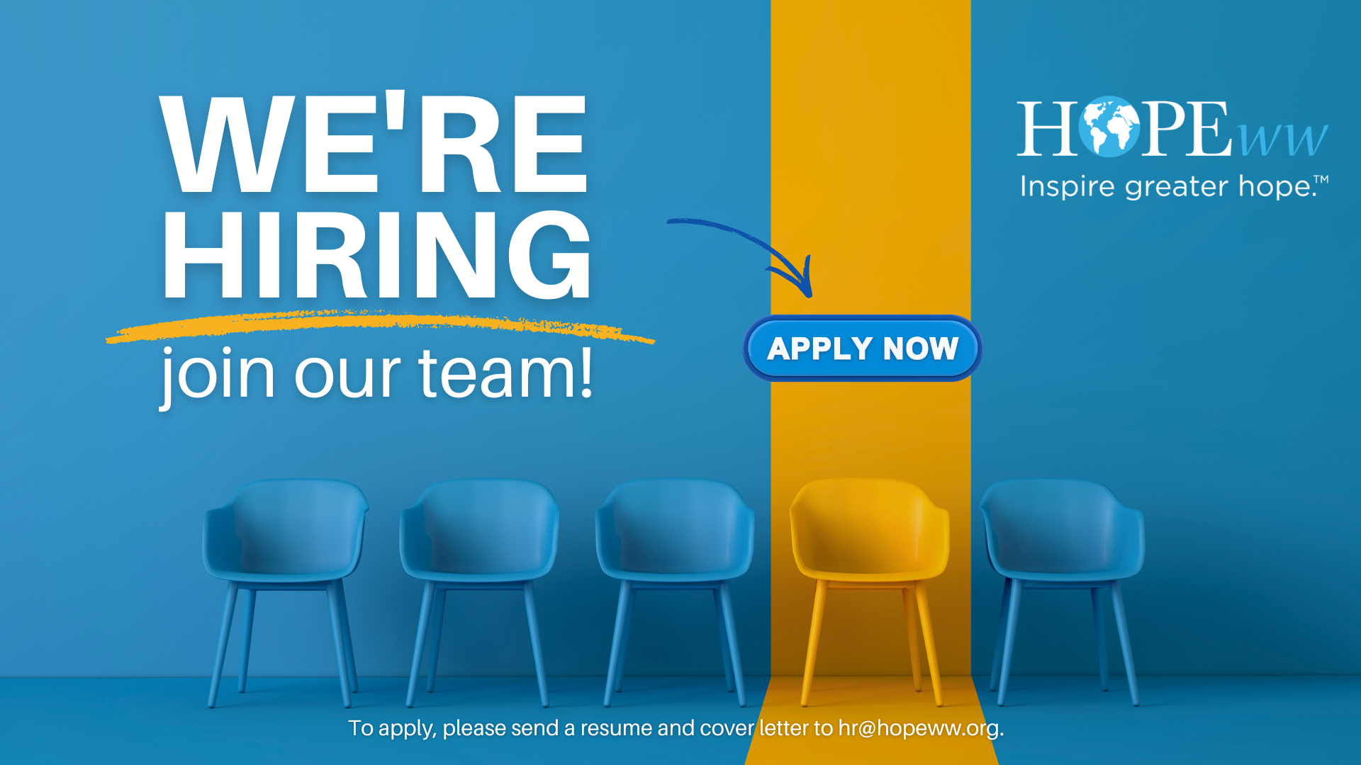 Blue hiring banner with chairs, “We’re hiring,” and an “Apply now” button for Hope Church
