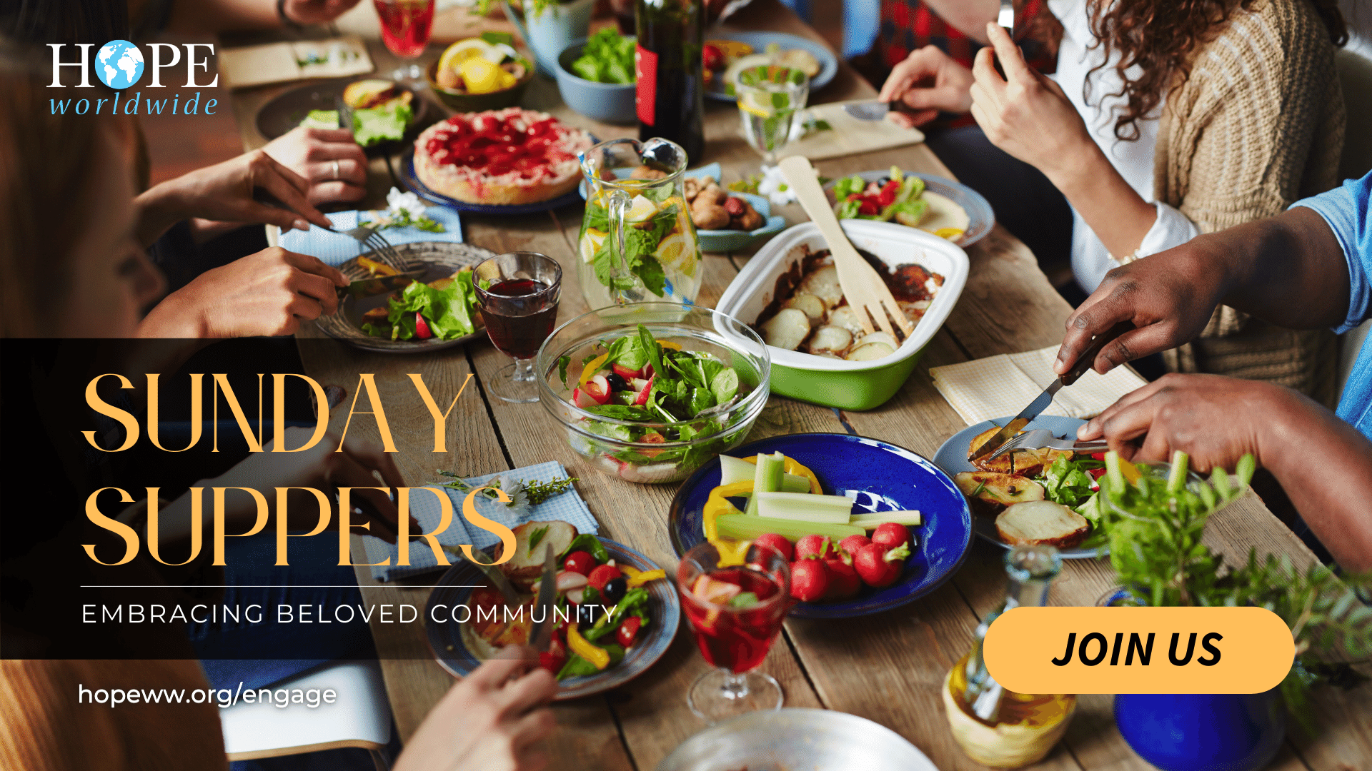 People sharing a table of food for Sunday Supper, with a “Join Us” button and church logo.