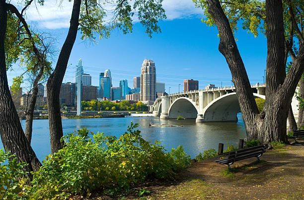 City skyline and arched bridge over a river, framed by trees and park greenery on a sunny day