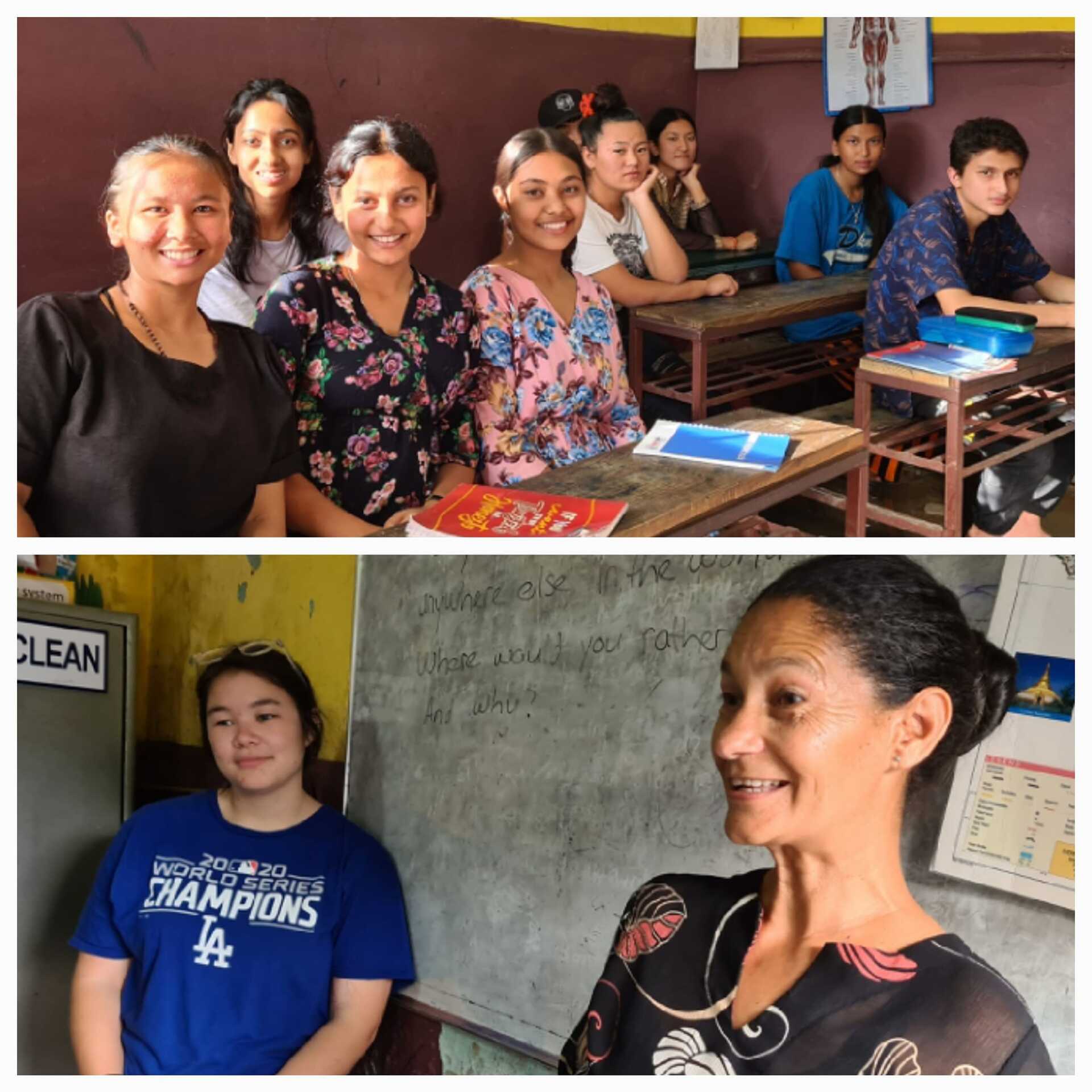 Two classroom photos with smiling students and a teacher standing by desks and a chalkboard