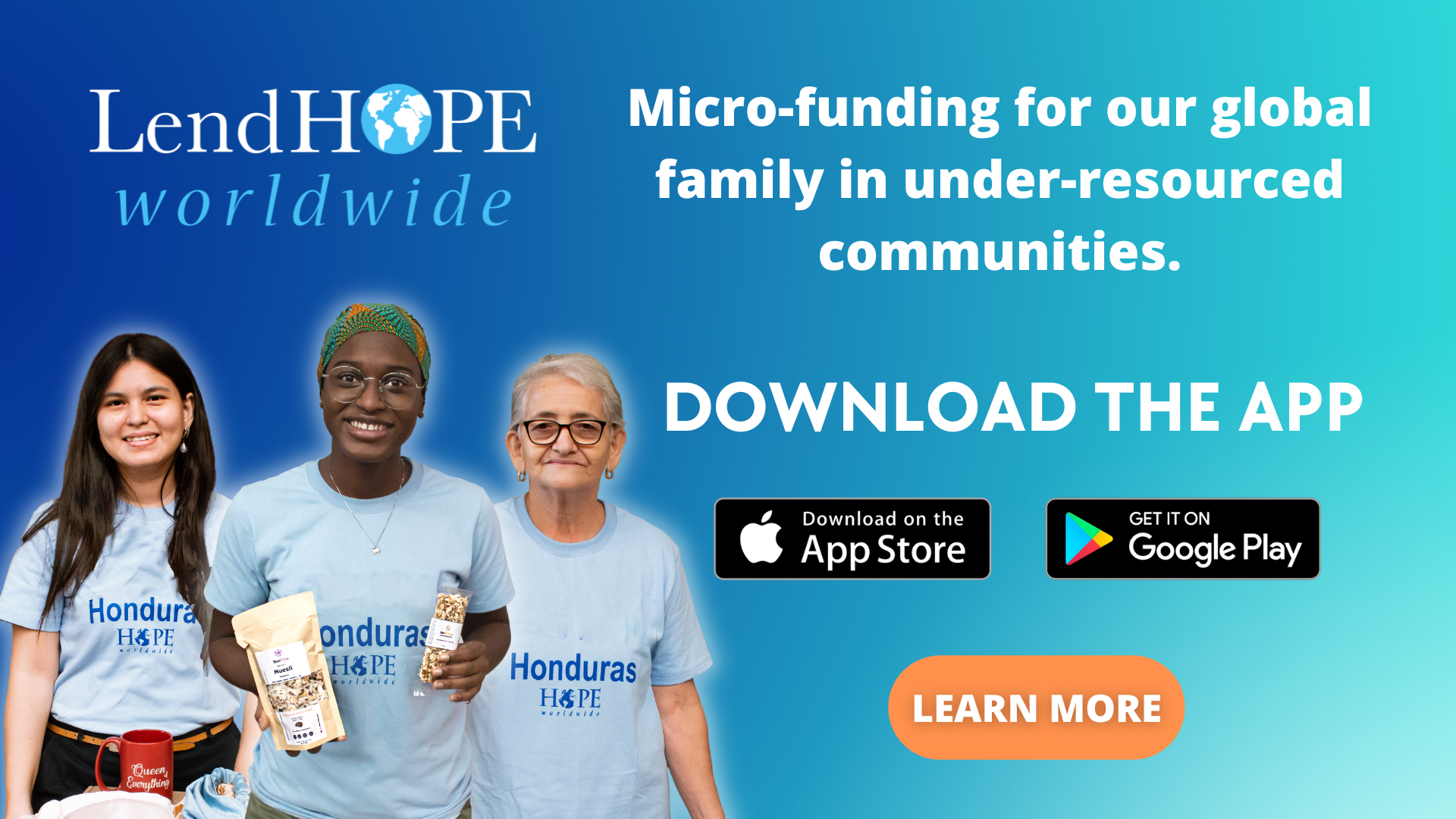 LendHope Worldwide app ad with three people, blue background, “Download the app” and “Learn more” buttons