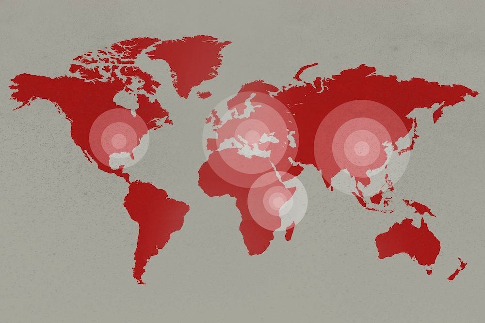 Red world map with glowing circles highlighting locations across the Americas, Europe, Africa, and Asia.