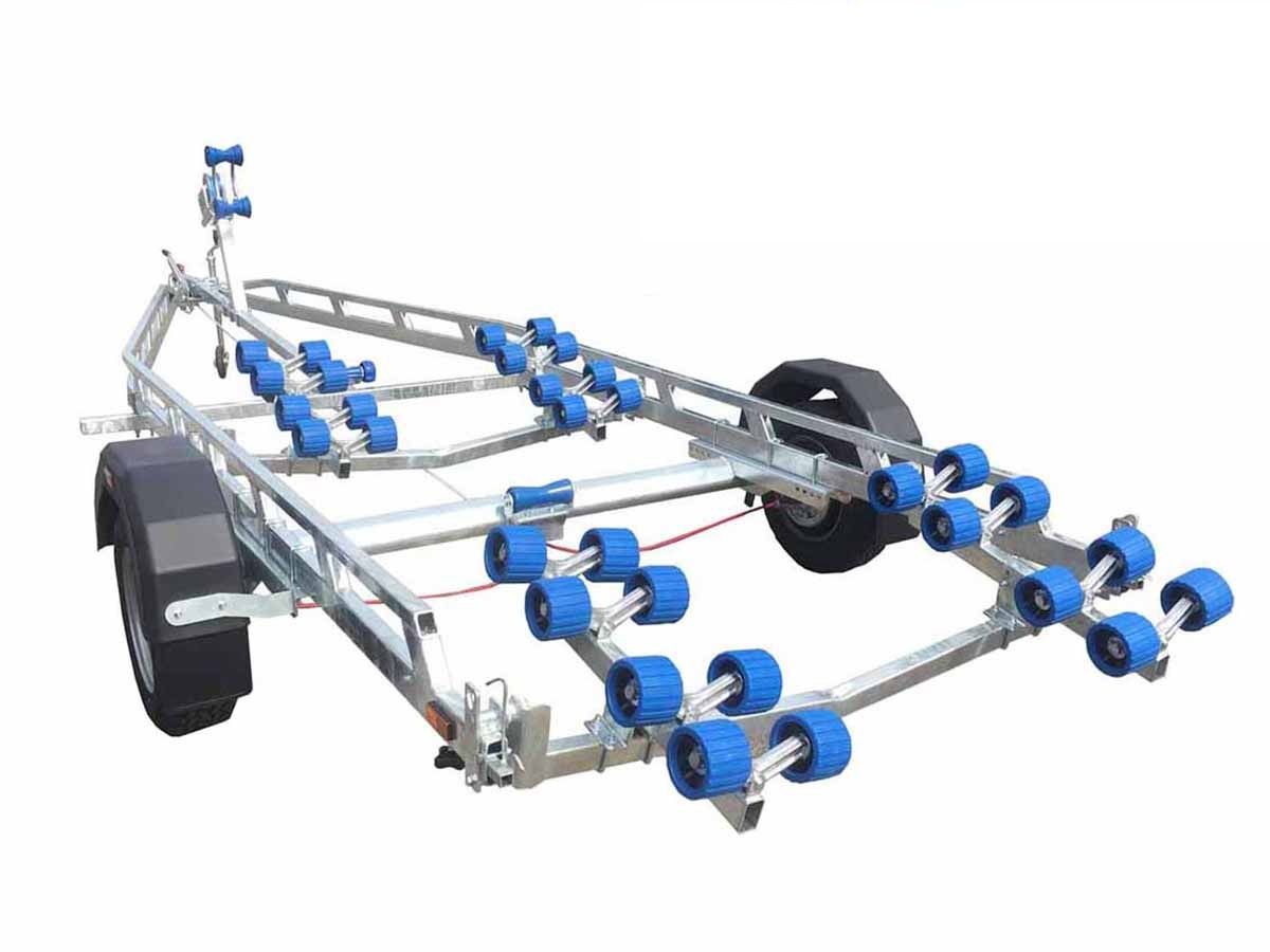 a boat trailer with blue wheels on a white background .