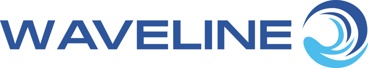 a blue and white logo for waveline with a wave in the middle