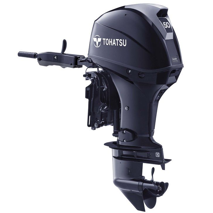 a black tohatsu outboard motor on a white background