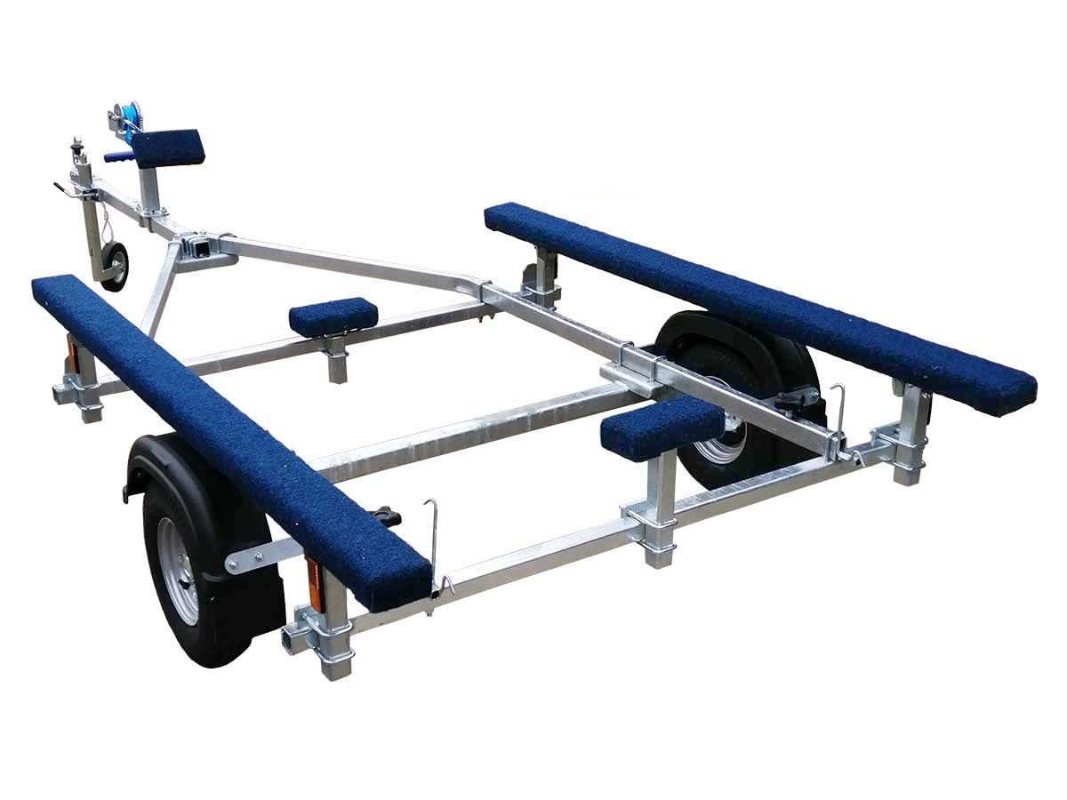 a boat trailer with blue seats on a white background .
