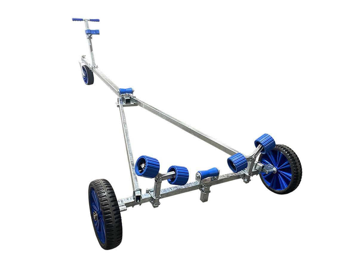 a boat trailer with blue wheels on a white background .