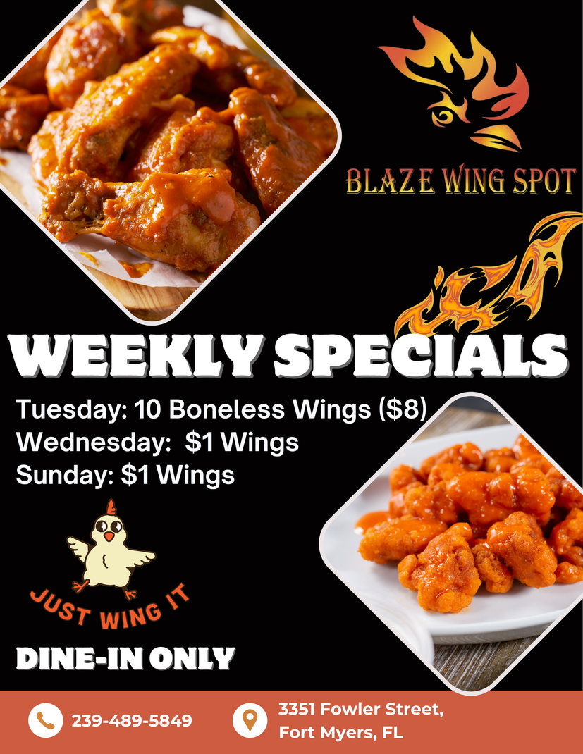 Blaze Wing Spot weekly specials flyer with chicken wings, black background, and dine-in-only promotion.