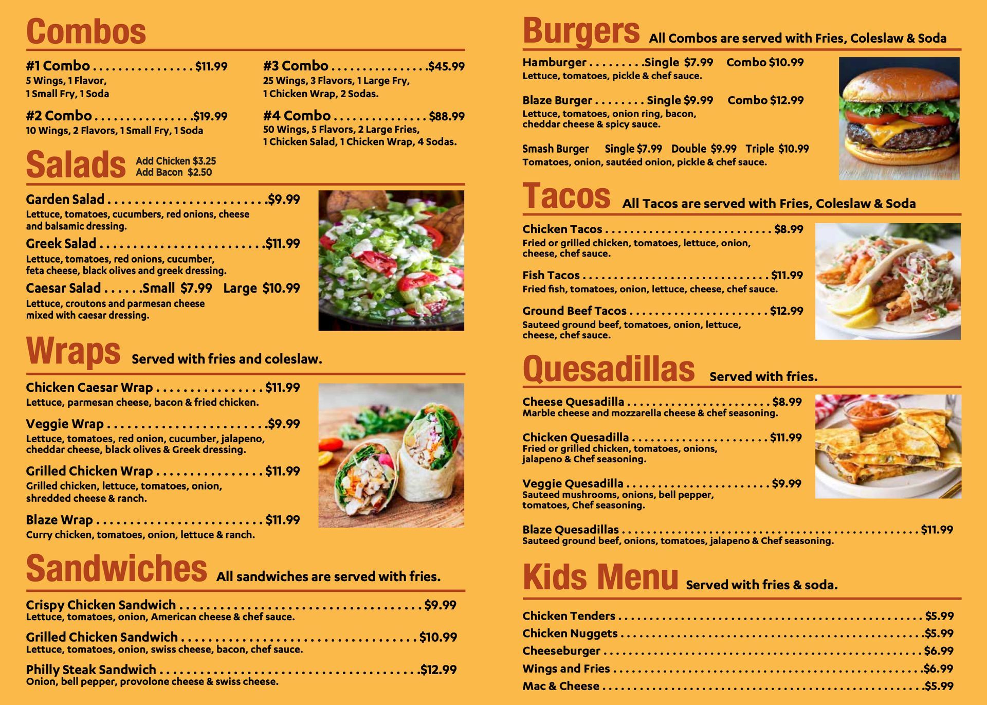 A yellow restaurant menu featuring categories like burgers, tacos, and salads with pricing and item descriptions.