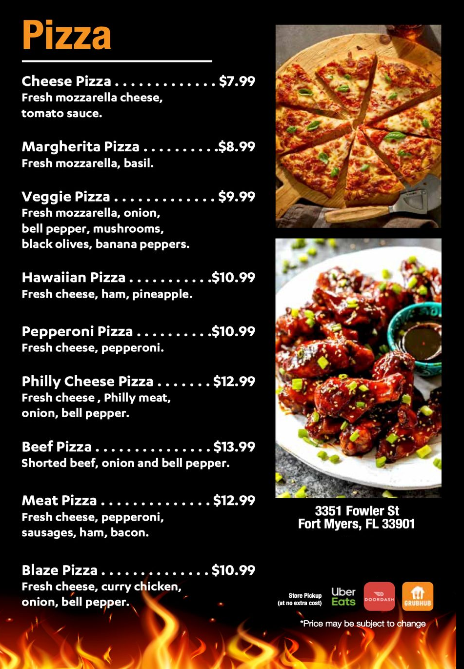 A pizza restaurant menu list featuring prices and descriptions, with images of a sliced pizza and chicken wings.