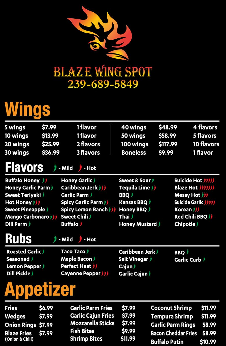 Menu listing prices for wing quantities, followed by a categorized list of flavor and dry rub options with heat levels.