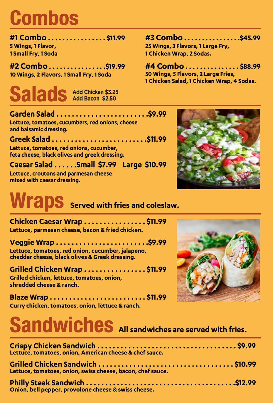Menu board with four sections: Combos, Salads, Wraps, and Sandwiches, featuring lists of items, prices, and food photos.
