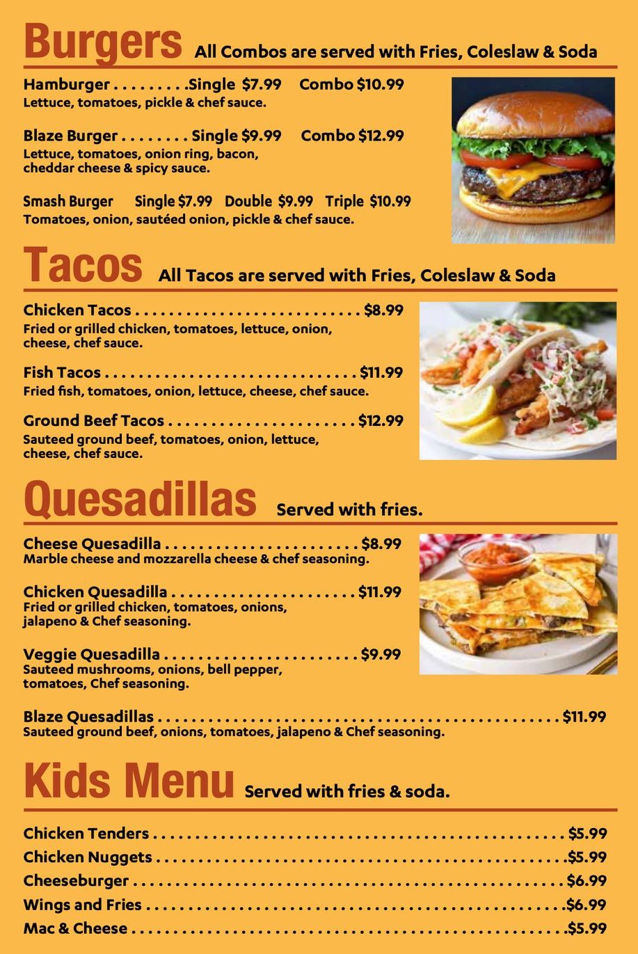 A menu with sections for Burgers, Tacos, Quesadillas, and Kids items, each listed with prices and food descriptions.