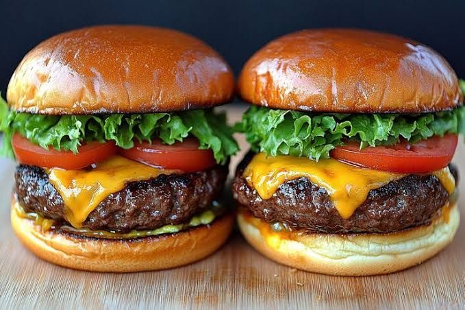 Two cheeseburgers with lettuce, tomato, and melted cheese on toasted buns, sitting side-by-side on a wooden surface.