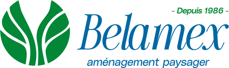 Logo de Belamex, entreprise d'aménagement paysager. Une icône végétale stylisée verte avec le nom de l'entreprise en bleu et la mention « aménagement paysager » en dessous.