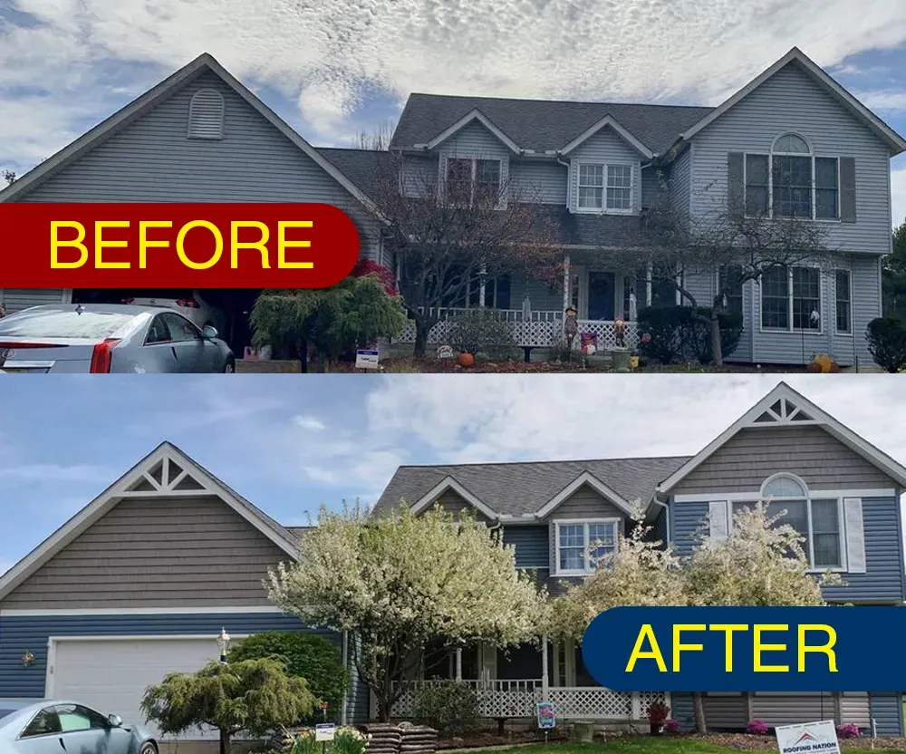 House exterior labeled “Before” and “After,” showing a gray home with updated front landscaping.