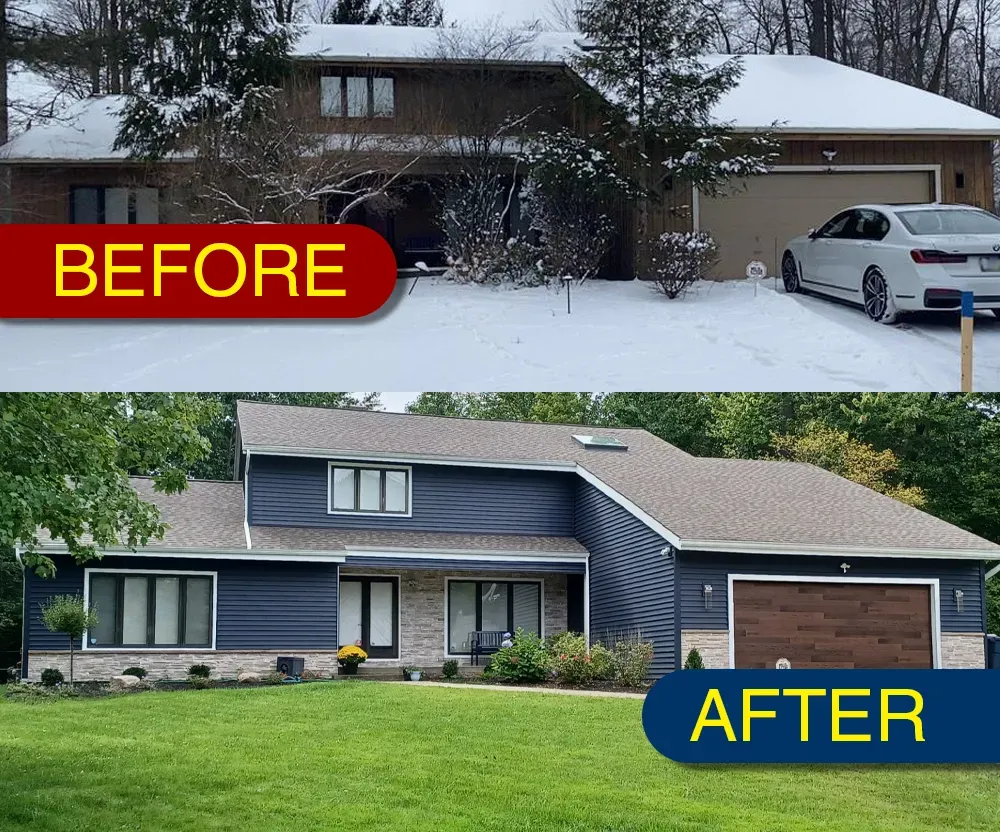 Suburban house exterior before-and-after renovation: snowy beige facade becomes blue-gray home with green lawn.