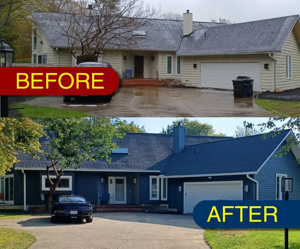 Before-and-after exterior of a house renovation, showing beige house changed to blue with updated landscaping.