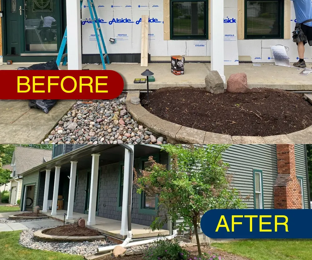 Landscape bed before-and-after exterior of a building, with red gravel and mulch replaced by plants and covered walkway.