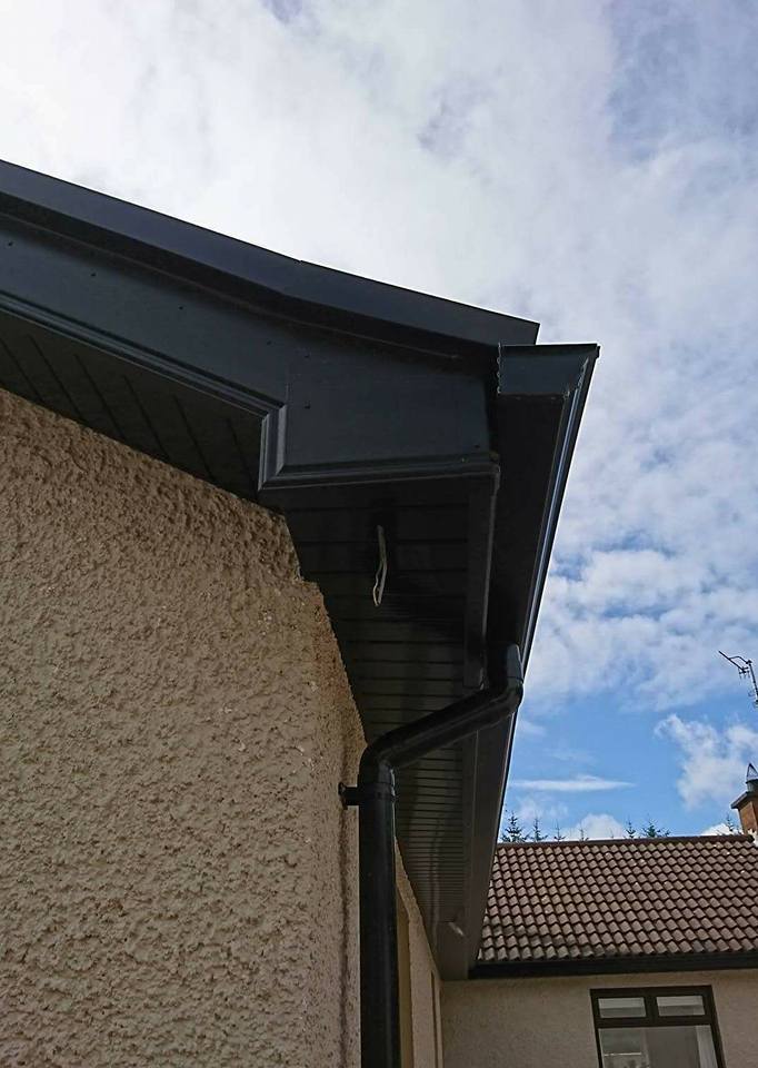 after roof repairs, roofline, tyrone, seamless guttering, black ash