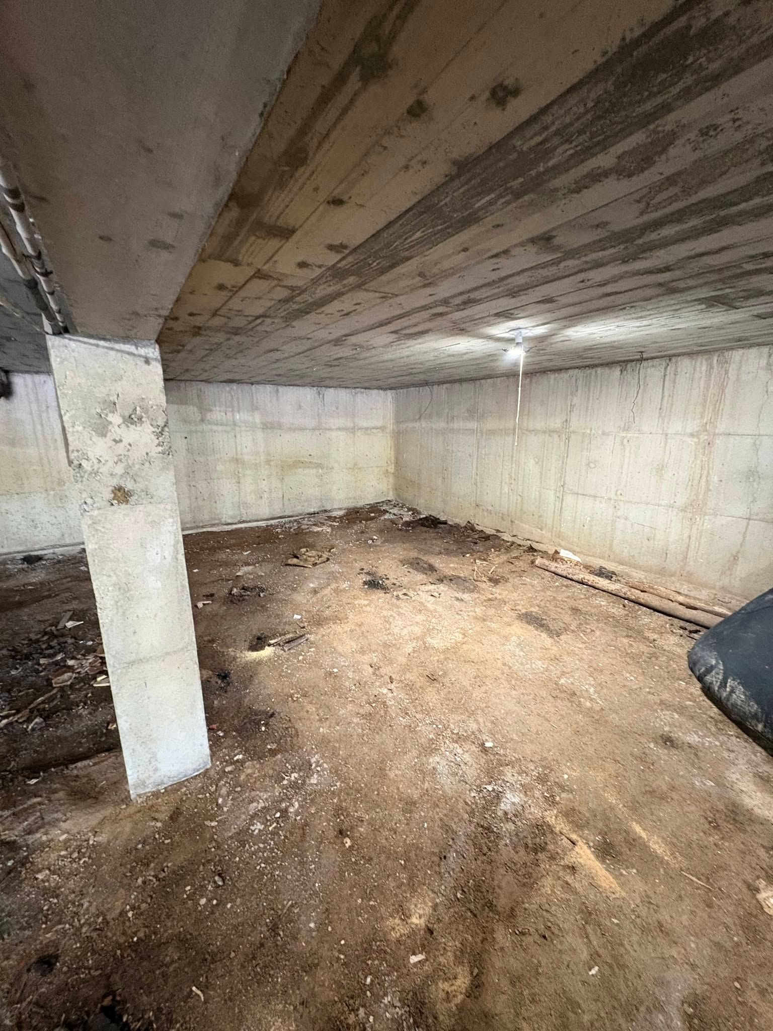 Bare unfinished basement with concrete walls, exposed ceiling, and dirt floor debris