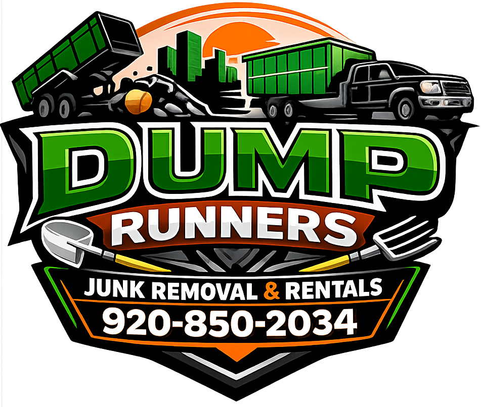 DUMP RUNNERS junk removal and rentals logo with green dump trucks and phone number 920-850-2034