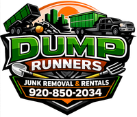 DUMP RUNNERS junk removal and rentals logo with green dump trucks and phone number 920-850-2034