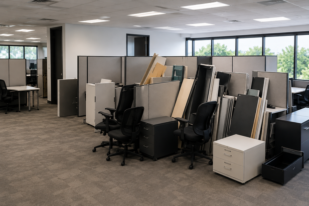 Office cubicles with stacked partitions, chairs, and boxes in a carpeted workspace