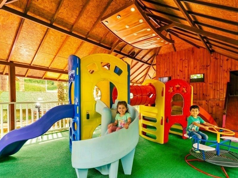 Uma área de piscina interna e externa com espreguiçadeiras, teto com painéis de madeira, parede de pedra e vista para um jardim.